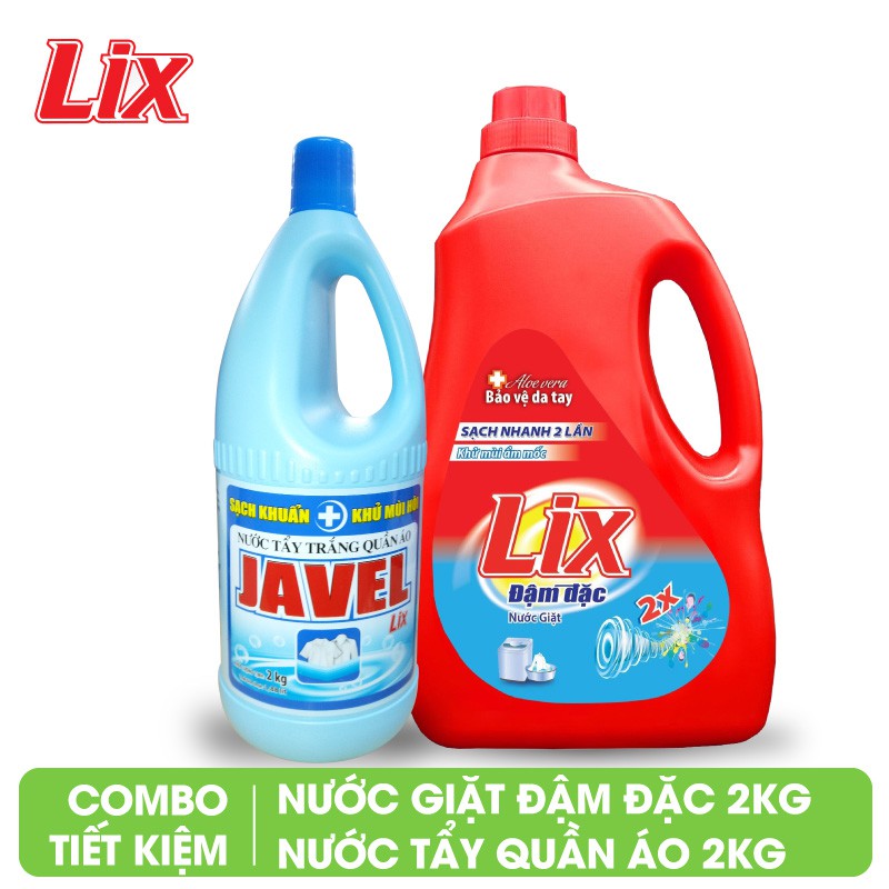 Combo Nước giặt Lix đậm đặc hương hoa 2Kg + Nước tẩy trắng quần áo Javel Lix 2Kg - NG201 + JL200