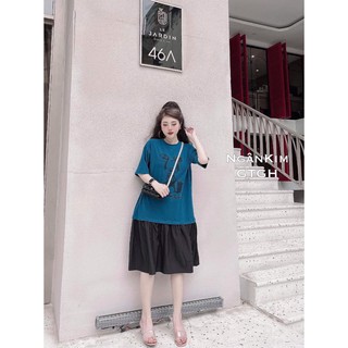 Váy Suông Thun Cotton Chân Xếp Kiểu Phối Màu, Đầm Suông Rộng freesize In Hình Micky