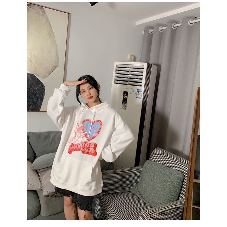 Áo hoodie tay dài form rộng in thiên thần trái tim hoạt hình ngọt ngào phong cách đại học Hàn Quốc mùa thu đông