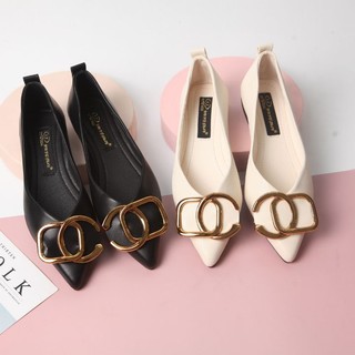 Giày búp bê đế bệt Ninshoes thời trang mũi nhọn đính tang vuông C vàng - Hàng Quảng Châu cao cấp
