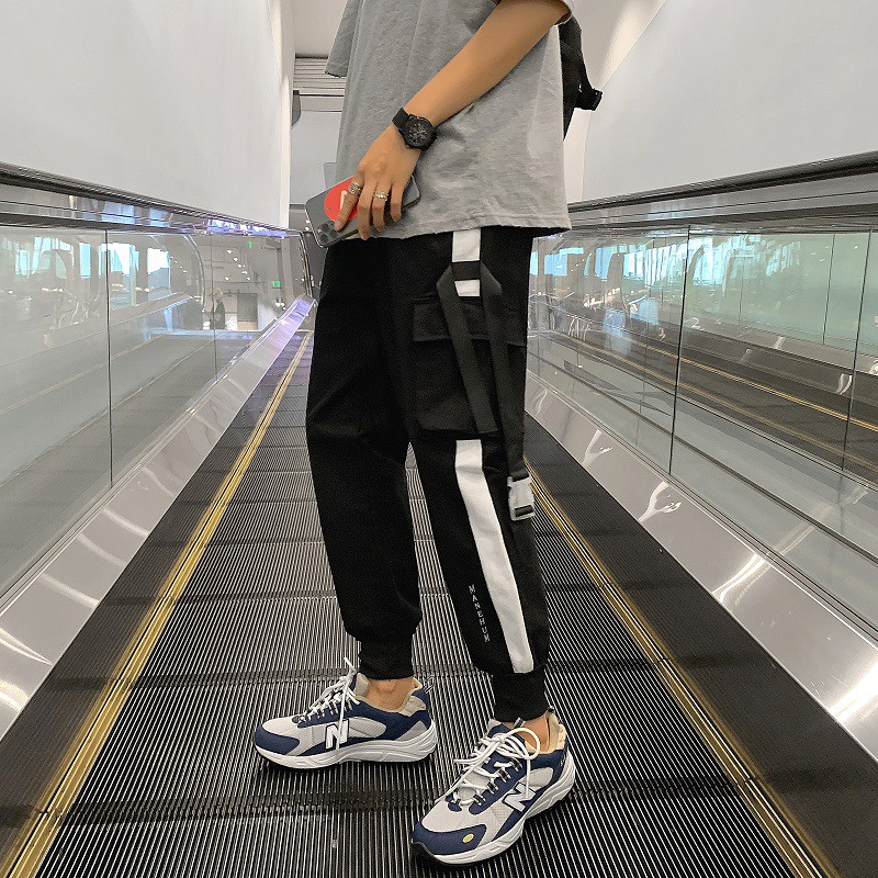 Quần chạy bộ lưng thun co giãn thiết kế nhiều túi họa tiết kẻ sọc cỡ S-3XL thời trang Hàn Quốc cho nam