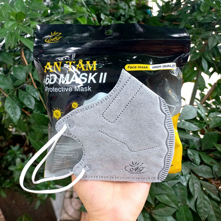 Khẩu trang 6d mask An Tâm, túi 10 cái, 5 lớp vải kháng khuẩn, thiết kế ôm kín khuôn mặt, quai thun co dãn tốt, nhiều màu