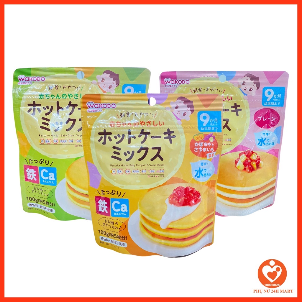 Bột bánh Pancake Wakodo Nhật Bản 100g bổ sung sắt và canxi cho bé từ 9 tháng [Date T8/2023]