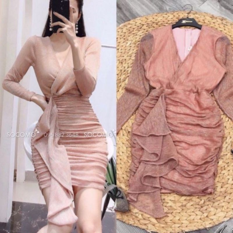 [RẺ VÔ ĐỊCH] Đầm ôm nhũ kim tuyến ( Size S-M-L-XL ) tay dài cổ V đắp chéo eo phối bèo HÀNG THIẾT KẾ Cao Cấp