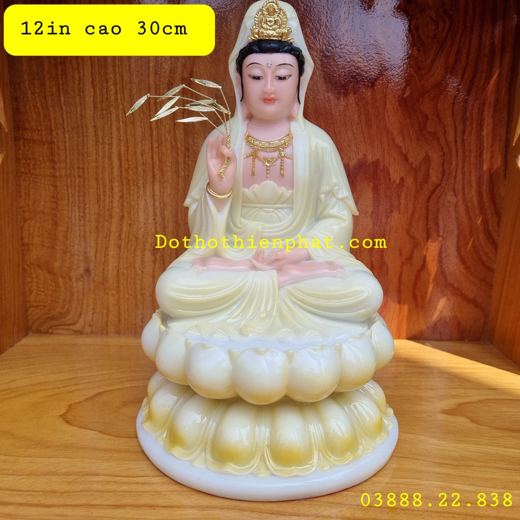 Tượng Quan Âm đá màu vàng 12in cao 30cm mẫu mới