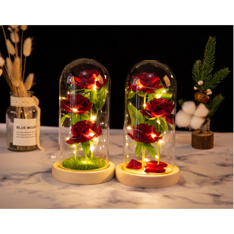 Hoa hồng nhân tạo có đèn led trang trí trưng bày trong bình thủy tinh và kèm pin sẵn- có thể trưng bày quà tặng lưu niệm