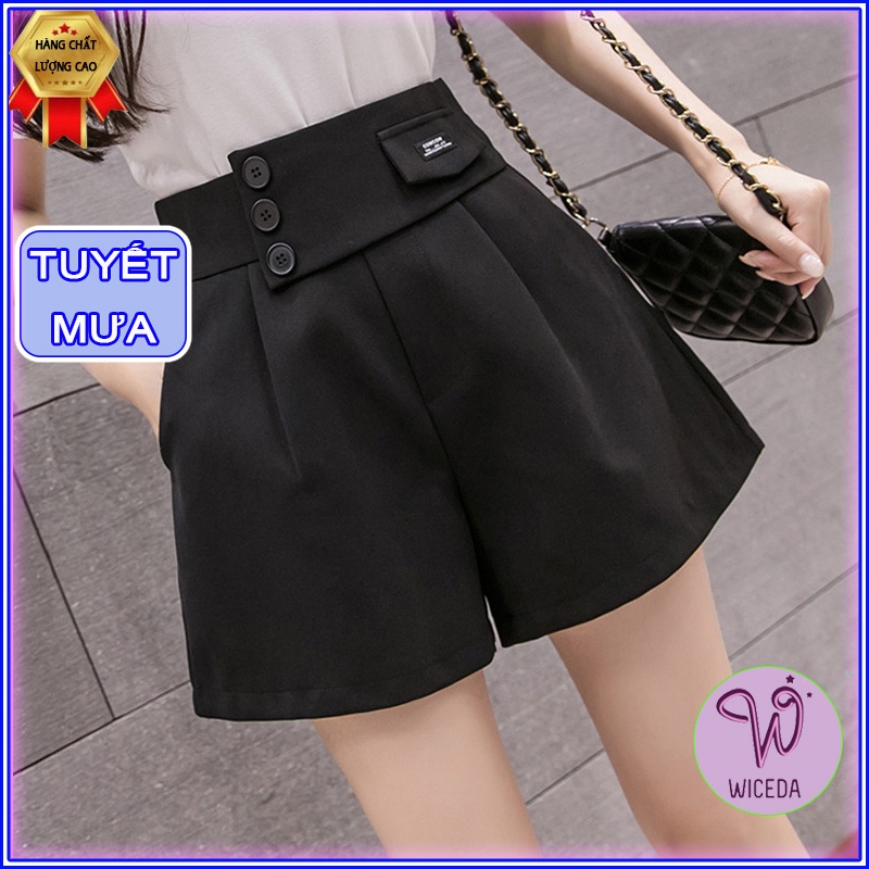 Quần short nữ lưng cao phối cạp 3 cúc Wiceda , quần đùi cạo cao đẹp hai màu đen be sáng chất tuyết mưa dày dặn QĐ401
