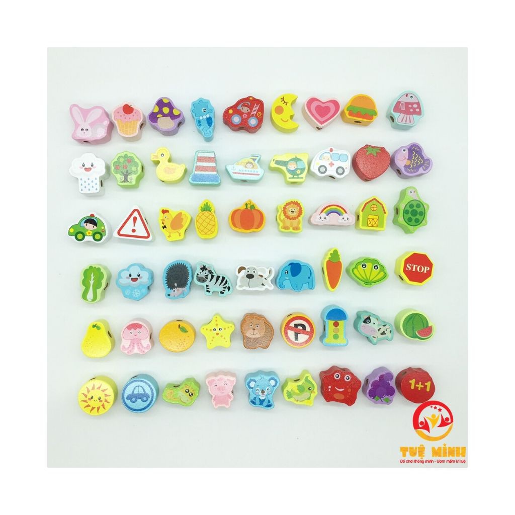 Xâu hạt gỗ 106 chi tiết nhiều chủ đề đồ chơi trí tuệ cho bé phát triển tư duy Tuệ Minh Kids