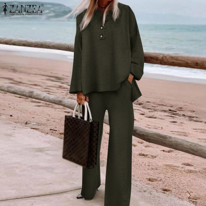 Bộ trang phục ZANZEA quần ống rộng lưng thun + áo cổ chữ O thời trang cho nữ