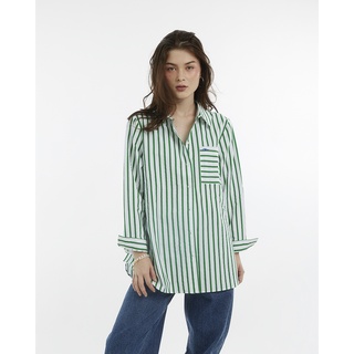 TheBlueTshirt - Áo Sơ Mi Phom Rộng Tay Dài Nữ Sọc Kẻ Xanh Lá Đậm - Oversized Pocket Shirt - Statement Green Stripe