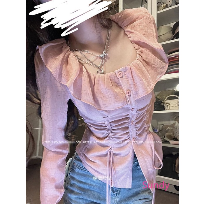 Áo Kiểu Tay Dài Cổ Vuông Phối Dây Rút Thời Trang Xuân Thu Quyến Rũ Cho Nữ