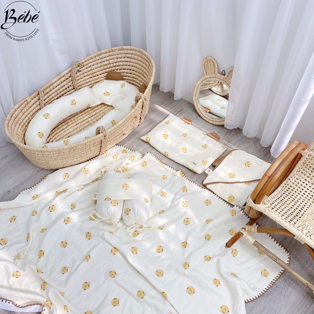 Bé Bé - Bộ Chăn, Gối Đầu, Gối Chặn, Gối Ôm, Ủ Choàng Họa Tiết Hổ Vàng