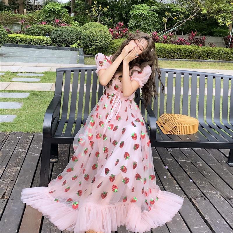 S-2XL Mùa hè mới váy hiện đại thời trang màu hồng tay ngắn dâu tây Sequin gợi cảm cổ chữ V của phụ nữ Váy Maxi của phụ nữ | BigBuy360 - bigbuy360.vn