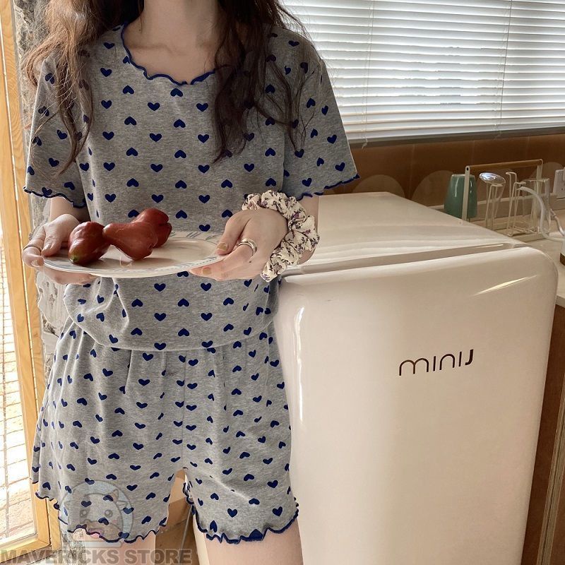 Bộ Đồ Ngủ Tay Ngắn Dáng Rộng Cỡ Lớn In Họa Tiết Trái Tim Dễ Thương Phong Cách Hàn Quốc Cho Nữ