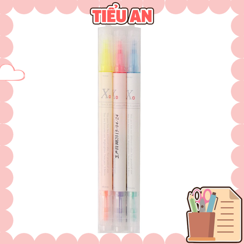 Bút dạ quang 2 đầu (1 set 3 cây gồm 6 màu: hồng, cam, vàng, xanh lá, xanh dương, tím)