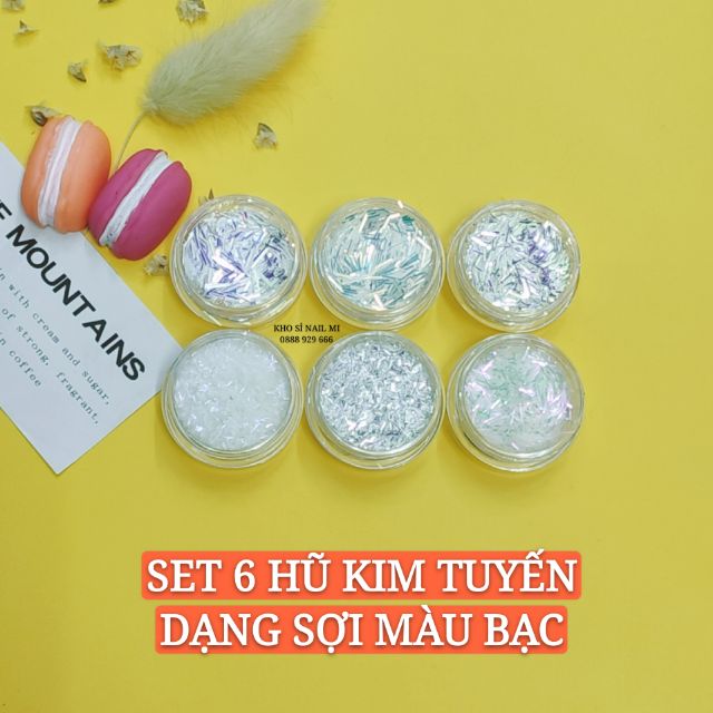 Set 6 hũ kim tuyến dạng sợi màu bạc đủ size trang trí móng nghệ thuật