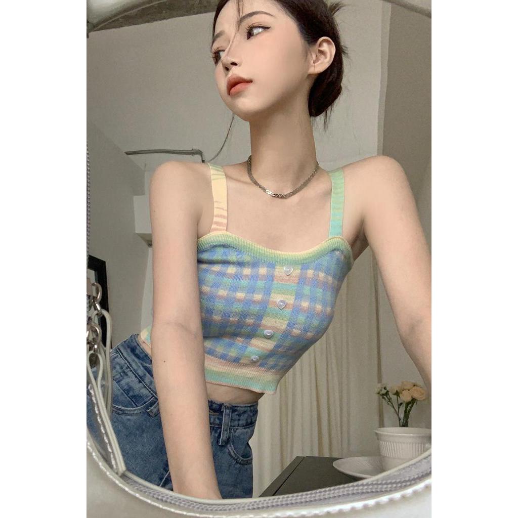 Áo Hai Dây Dệt Kim Ngắn Họa Tiết Sọc Caro Màu Sắc Thời Trang Mùa Hè 52842