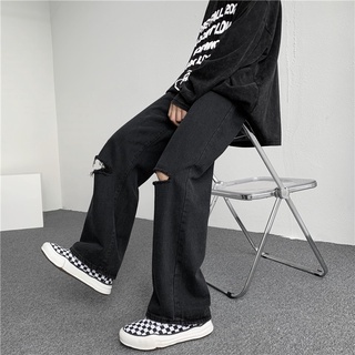 Quần jean nam baggy ống suông rộng đen rách gối nam nữ unisex chất bò phong cách ulazzang hàn quốc