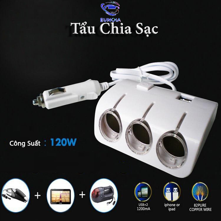 Bộ Tẩu Chia Sạc Oto - Chia 3 Cổng Tẩu Và 2 Cổng USB