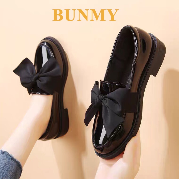 Giày Búp Bê Giày Đốc Nữ Trơn Màu Đen Thắt Nơ Phong Cách Hàn Quốc