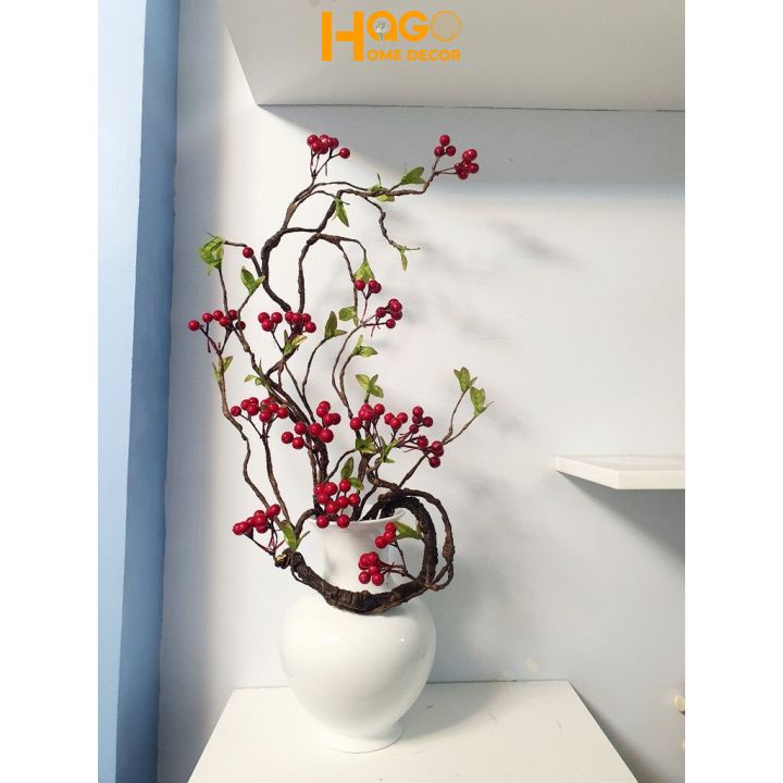 Hoa giả, cành quả cherry cổ dài 95cm  điểm bình hoa  mộc lan, đào đông, lựu đỏ sang trọng