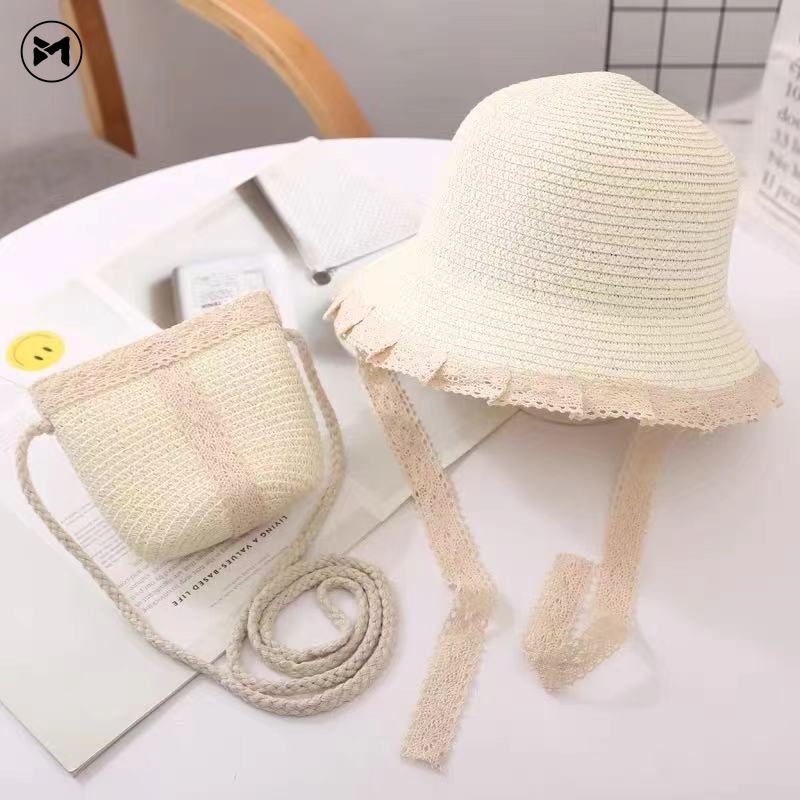 Set Túi Xách Và Nón Cói Thời Trang Đi Biển Xinh Xắn Dành Cho Bé Gái