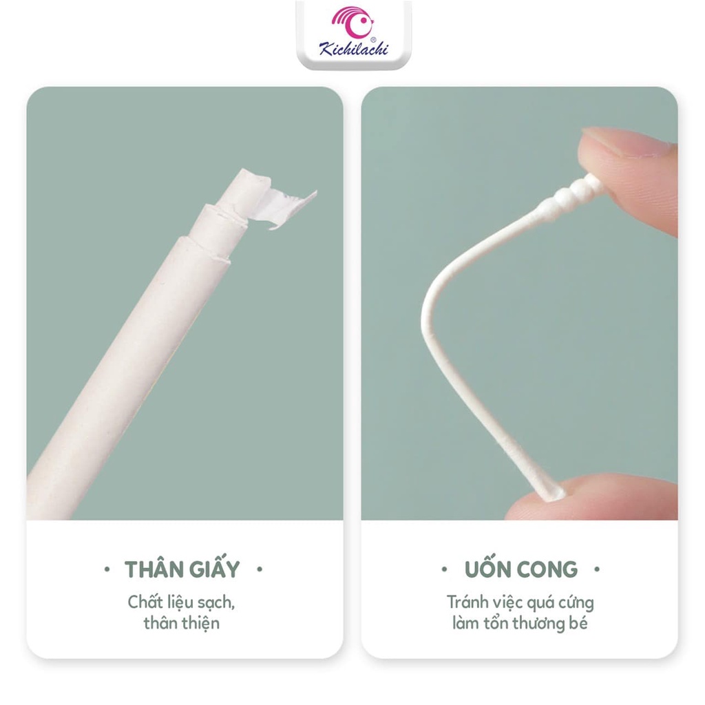 Tăm bông ngoáy tai hình thỏ Kichilachi (hộp 200 que) cho bé từ sơ sinh