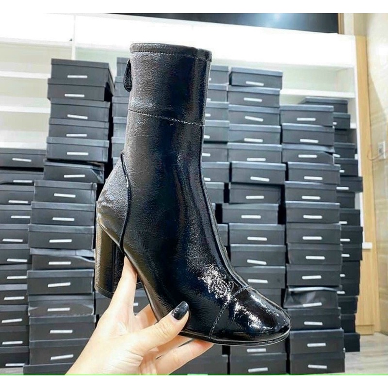 giày boot nữ cổ cao gót 7cm da bóng mũi tròn (fullbox bill túi)
