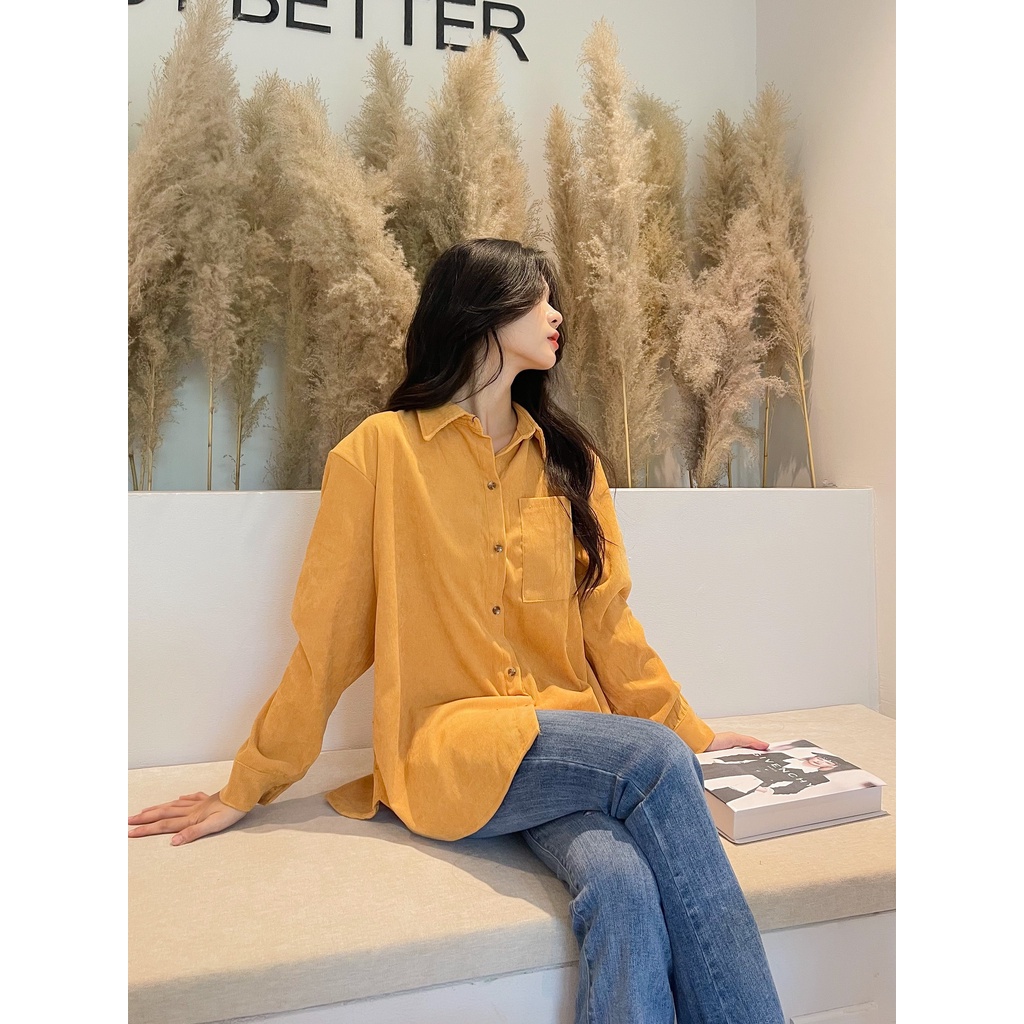 Áo sơ mi nhung tăm, sơ mi nữ, áo dài tay oversize có sẵn, max 63kg