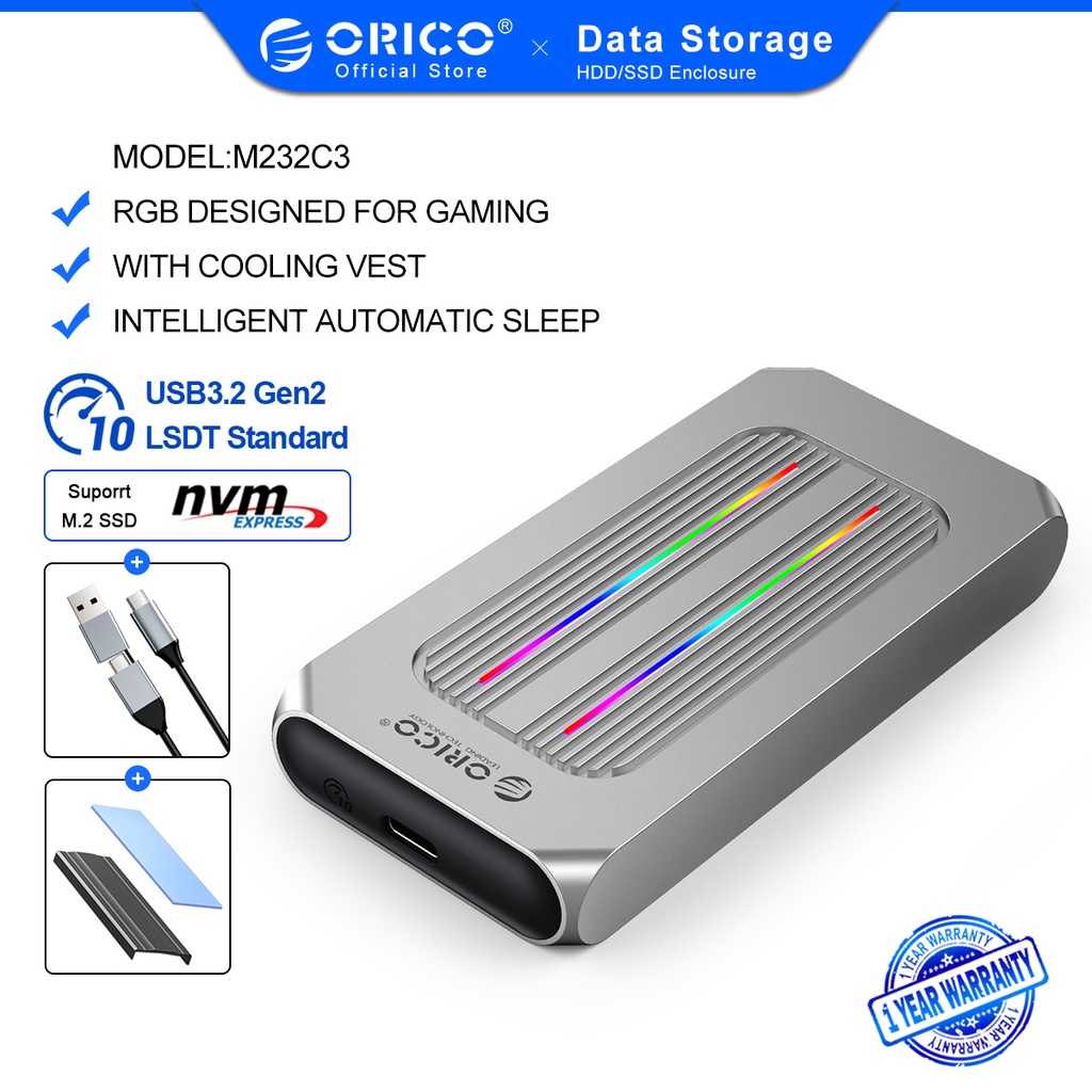 Vỏ Ổ Đĩa Cứng ORICO RGB 10Gbps M2 NVMe SSD USB3.2 Gen2 Dung Lượng 4TB Dung