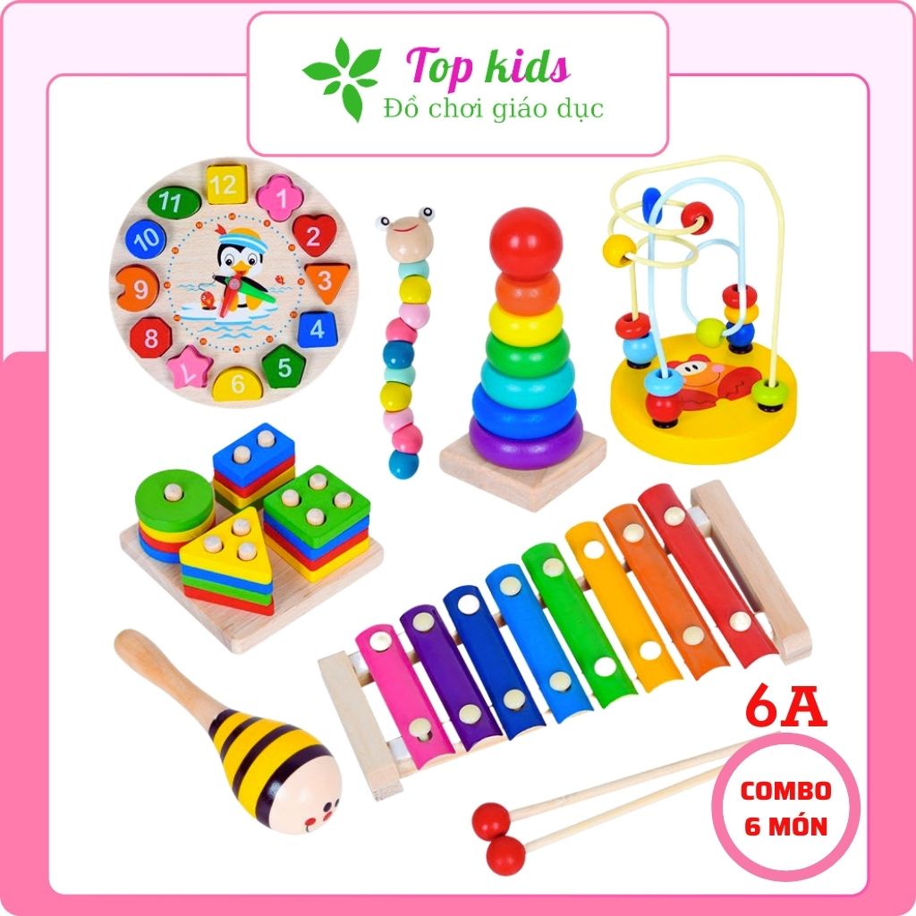 Đồ chơi giáo dục cho bé montessori combo 6 món đồ chơi gỗ thông minh cho trẻ phát triển trí tuệ TOPKIDS