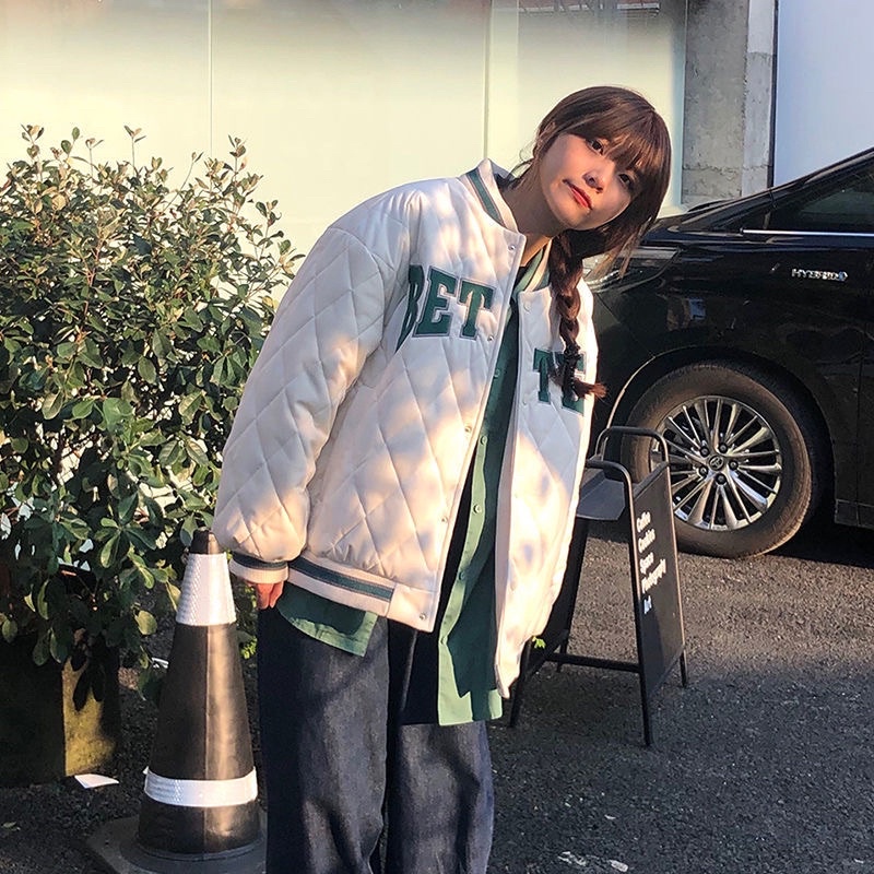 Áo khoác bomber bóng chày form rộng đệm cotton thêu chữ unisex Hàn quốc