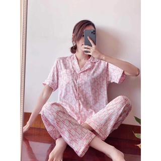 Bộ ngủ lụa Pijama cộc tay hoạ tiết Đi O hàng cao cấp