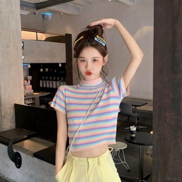 Áo Croptop phong cách dệt kim tay ngắn hoạ tiết kẻ sọc cho phái nữ