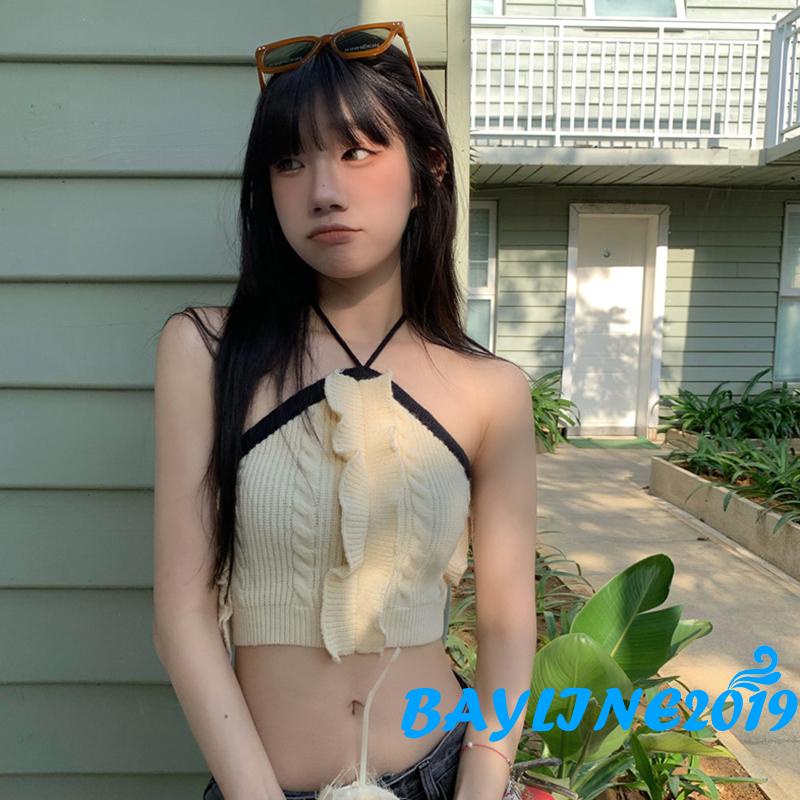 BAY-Ladies Slim Midriff-baring Tank Top, Women Leisure Style Contrast Color Hanging Neck Splicing Backless Sleeveless