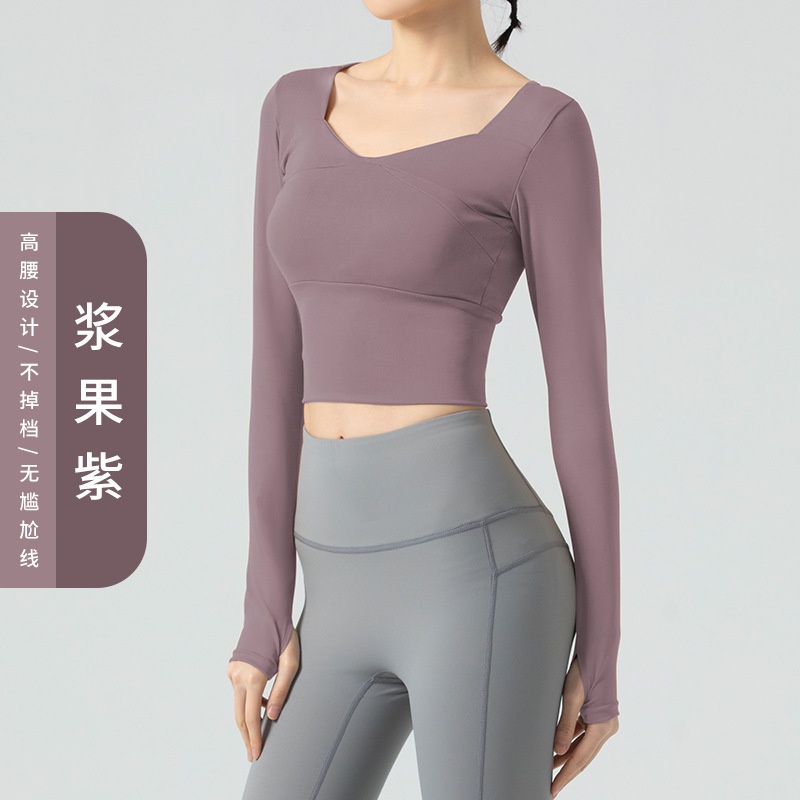 Aó Tập Gym Nữ Thun Lạnh Dài Tay Cao Cấp, Áo thun lụa tay dài cổ vuông ôm body, Áo Thun Thể Thao Tay Dài Dáng Ngắn Có Đệm Ngực Và Đệm Ngực Lưng Cho Nữ Tập yoga