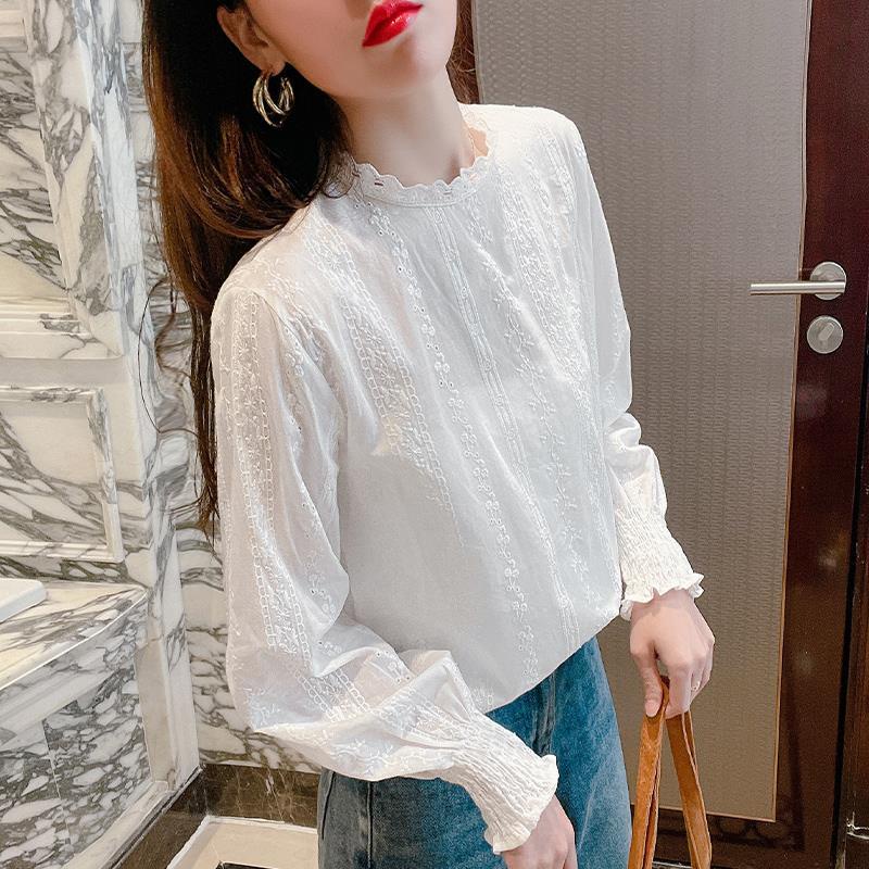Áo sơ mi nữ dài tay cổ trụ ren ngọt ngào kiểu Pháp màu trắng dáng đẹp ULzzang PX15522