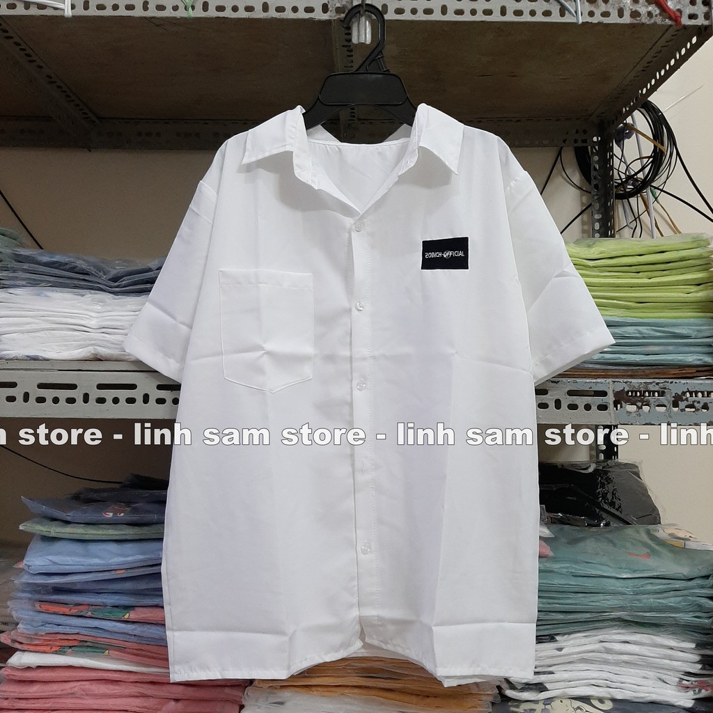 Áo sơ mi đi học nữ form rộng tay ngắn - lỡ có túi dáng ulzzang freesize unisex mặc đi học thêu LOGO ĐEN 20 INCH trắng | BigBuy360 - bigbuy360.vn