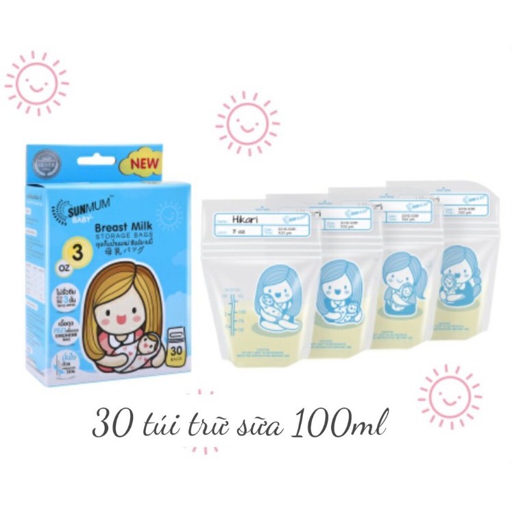 [kèm bút] Túi Trữ Sữa Sunmum Thái Lan 100ml - Hộp 30 Túi