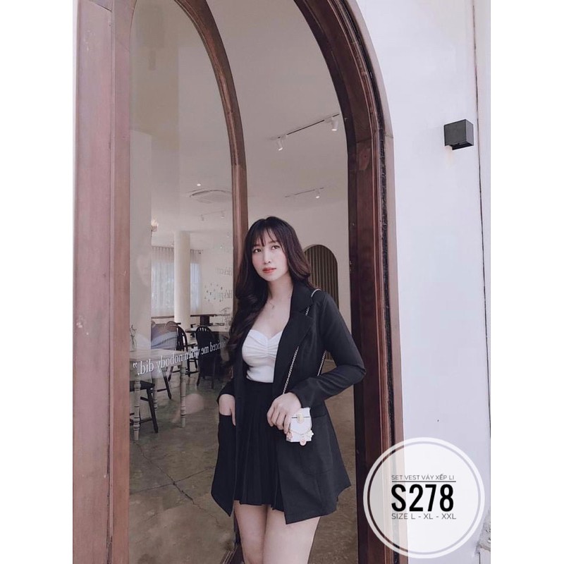 Bigsize Set vest váy xếp li S278