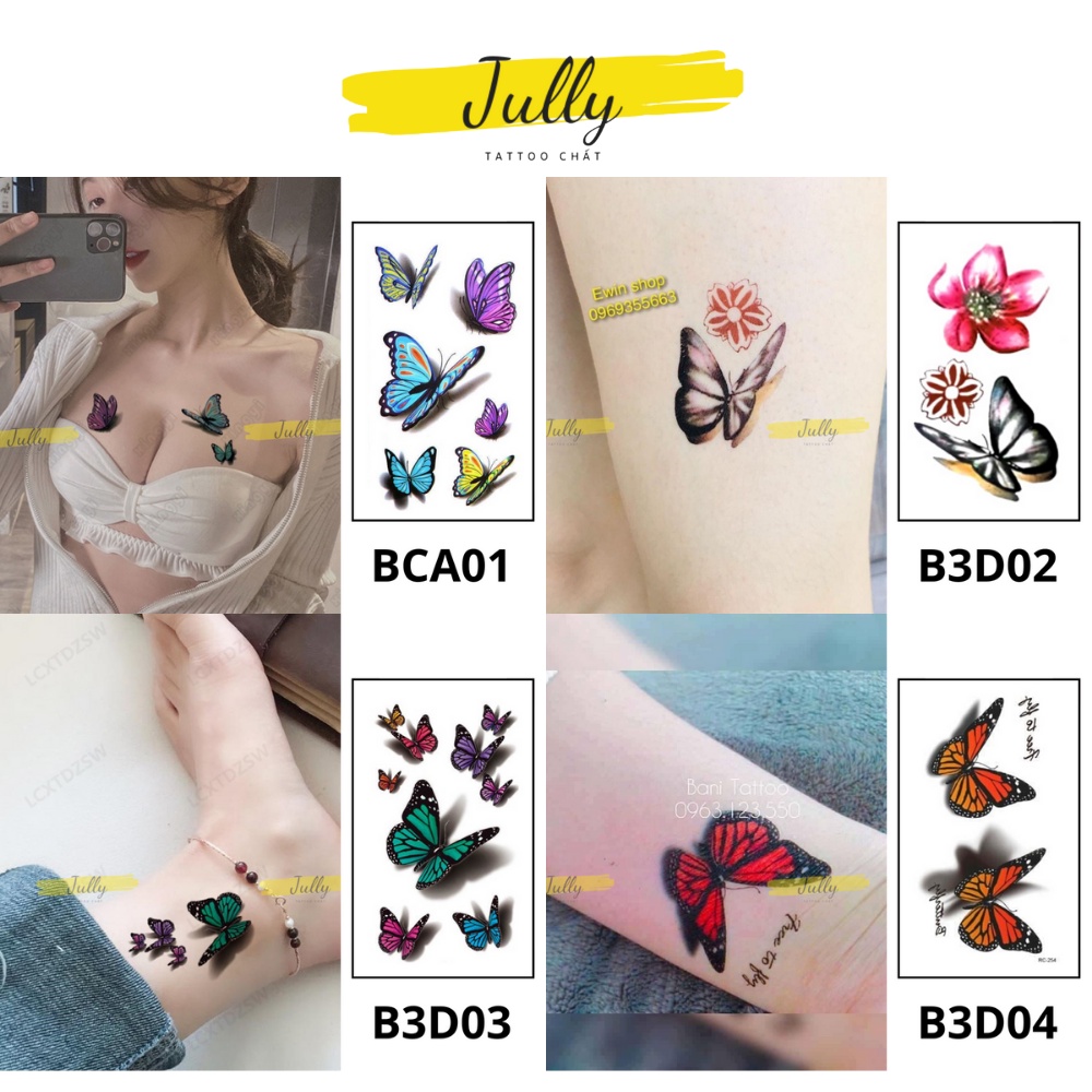 Hình xăm dán xăm tạm thời chống nước bướm 3D cho nữ JULLY Tattoo chất