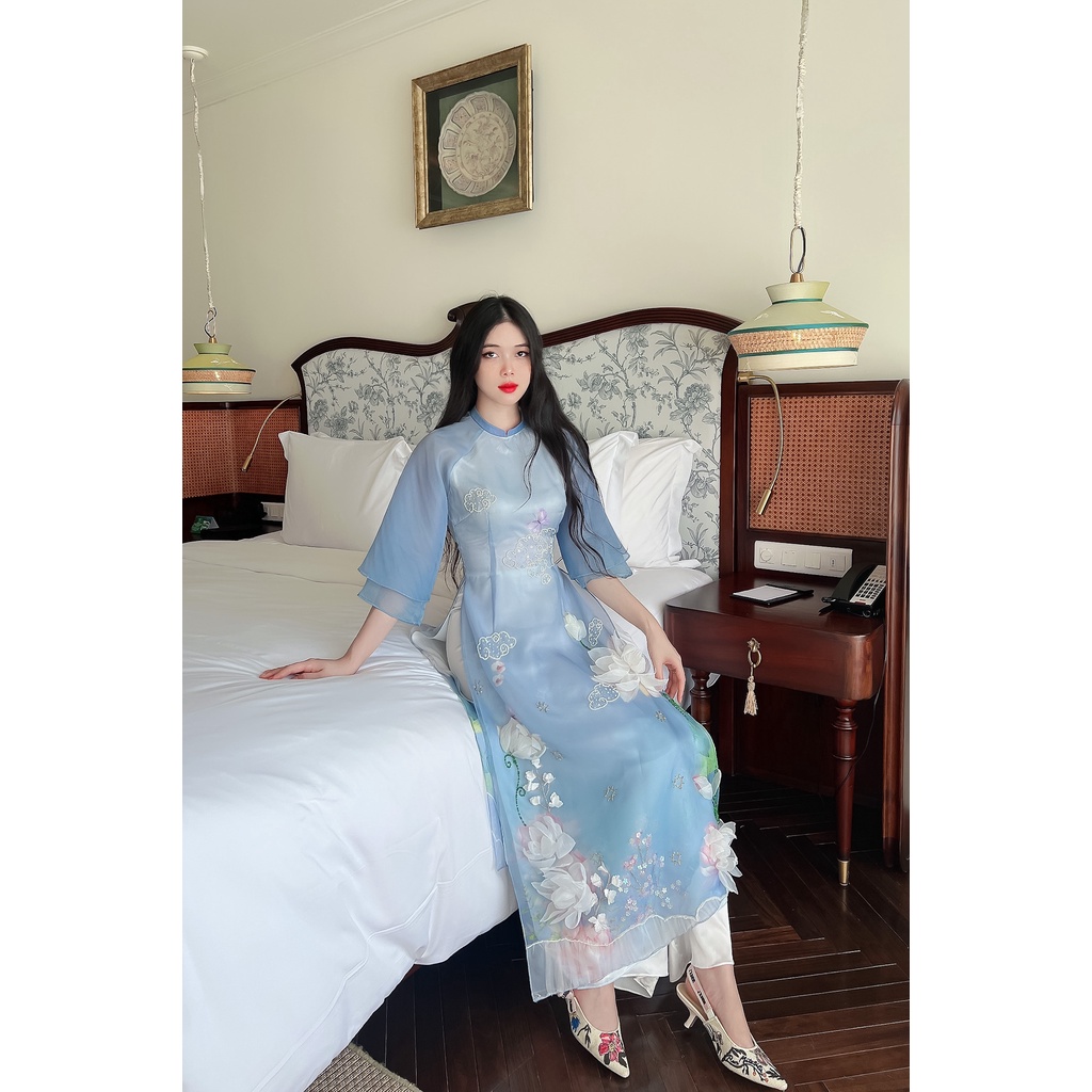 Áo dài cách tân 4 tà ĐÓA NHI hoa sen 3D siêu đẹp