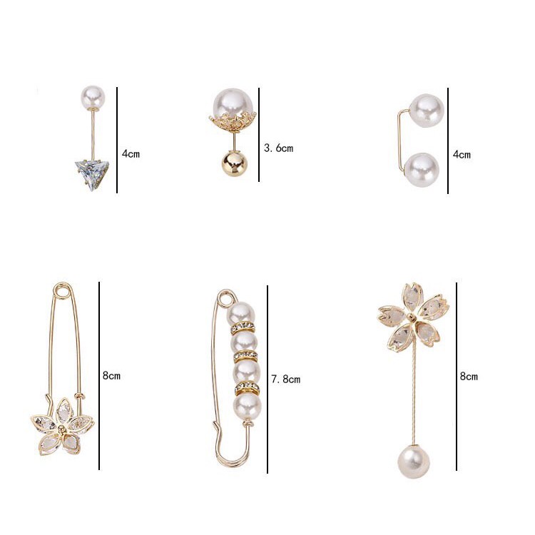 Set 6 ghim cài áo quần đính giả đá và ngọc trai sang chảnh