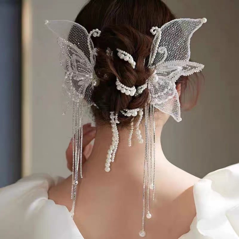 Kẹp Tóc Hình Cánh Bướm Phối Tua Rua Màu Trắng Dùng Trang Trí Cô Dâu