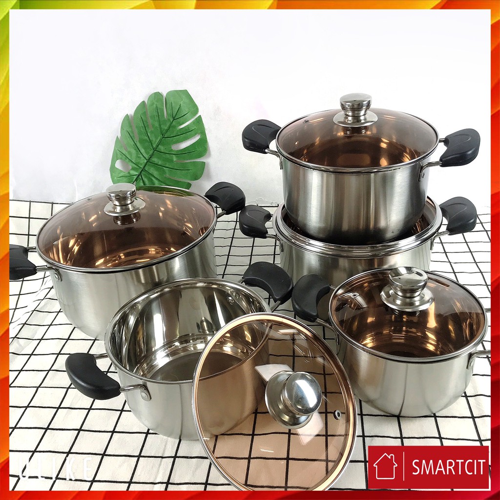 [FREESHIP] Bộ nồi inox Đức cao cấp 5 món hàng chính hãng vung kính Composite Steel Soup Pot