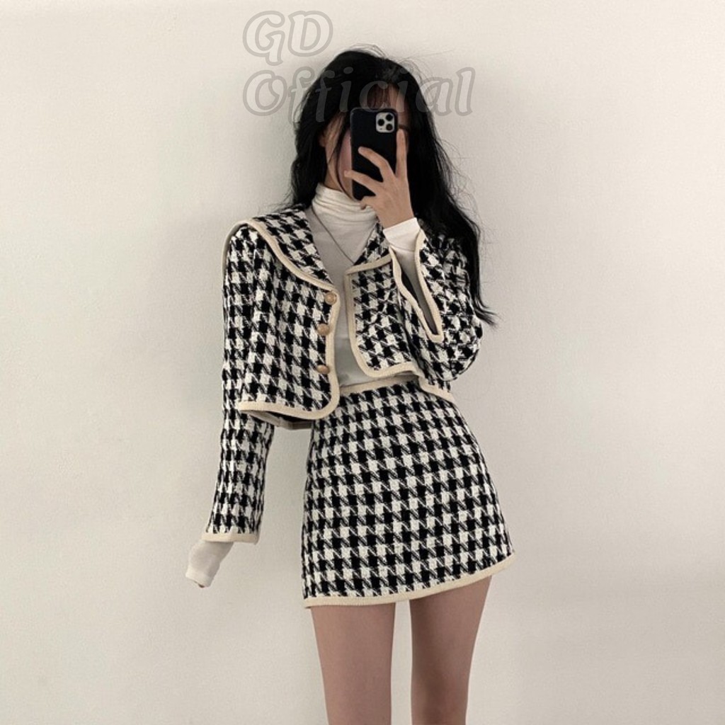 B21|Bộ set dạ tweed áo khoác crotop, chân váy ôm body sọc trắng đen gd_order