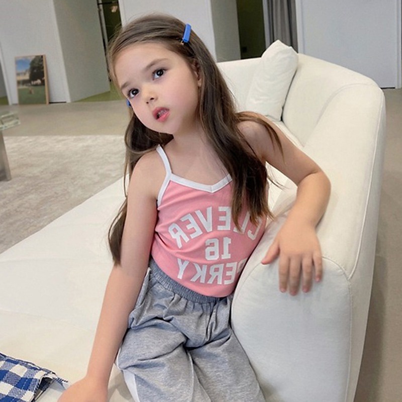 Áo Hai Dây In Chữ Phong Cách Hàn Quốc Cho Bé Gái