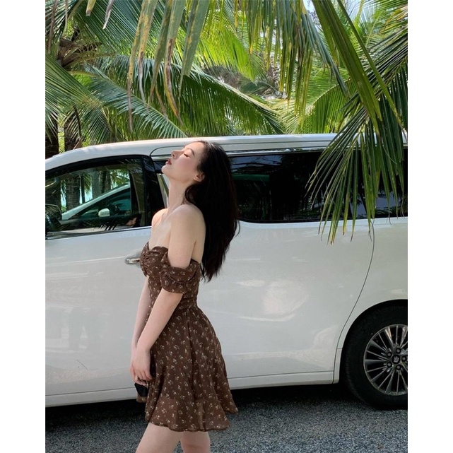Đầm hoa nhí trễ vai dáng xòe màu nâu