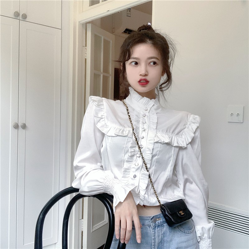 Áo kiểu tay dài cổ cao đính nút bằng gỗ thời trang phong cách retro