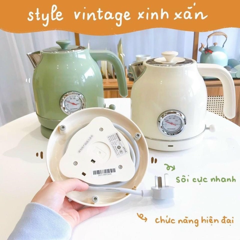 Ấm siêu tốc đun nước Xiaomi Ocooker phong cách Retro có mặt đồng hồ hiển thị nhiệt độ